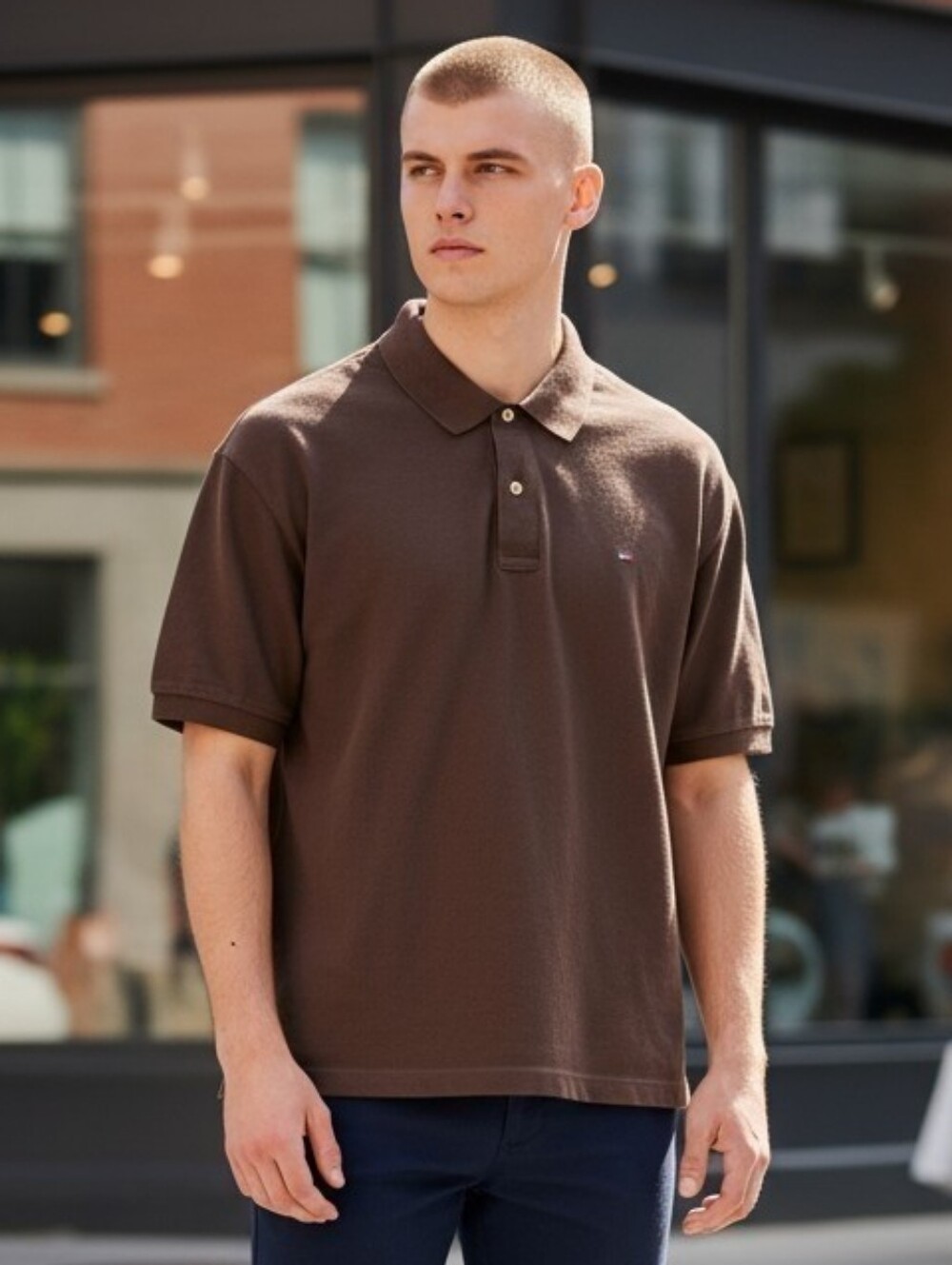Tommy Hilfiger Men's Brown Polo Shirt with Embroidered Flag